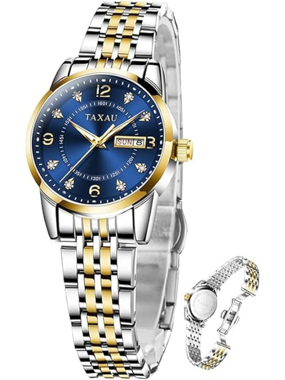 Women's Gold Blue Waterproof Stylish Analog Quartz Stainless Steel Band Watch